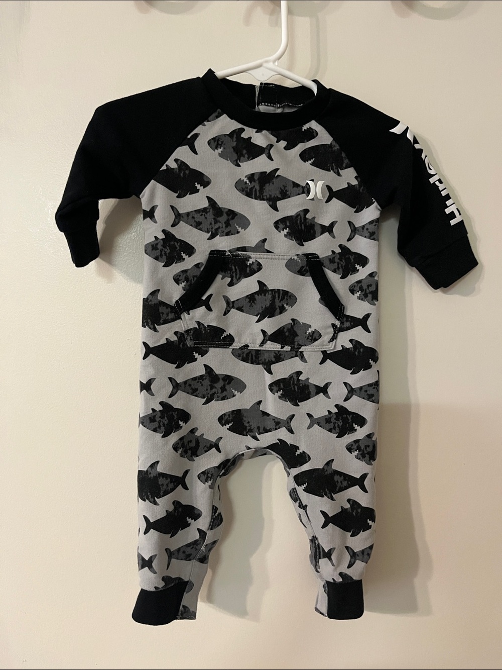 Hurley Black and Gray Fish-Print Baby One-Piece
